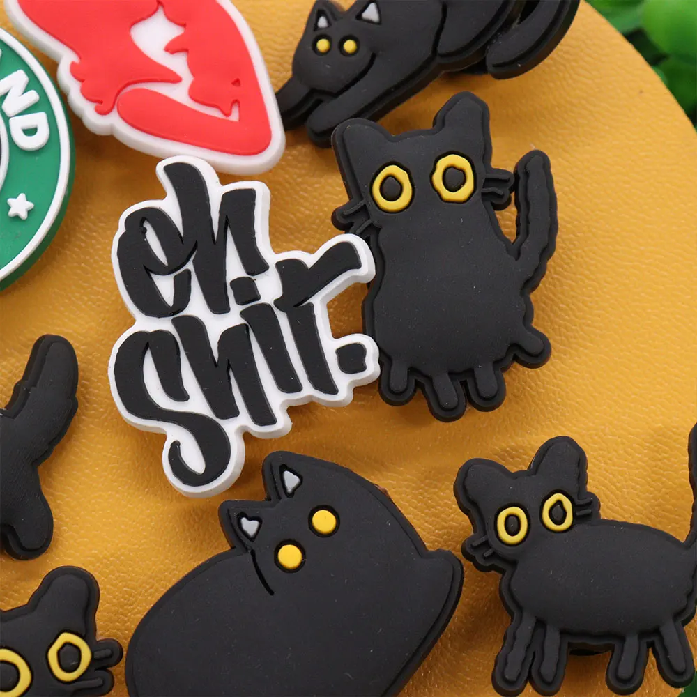 1-9PCS PVC Kawaii Animal Shoe Charms Fit Wristbands Black Cat Sandal Shoe Decoration Buckle Hole Slipper Accessories Xmas Gift