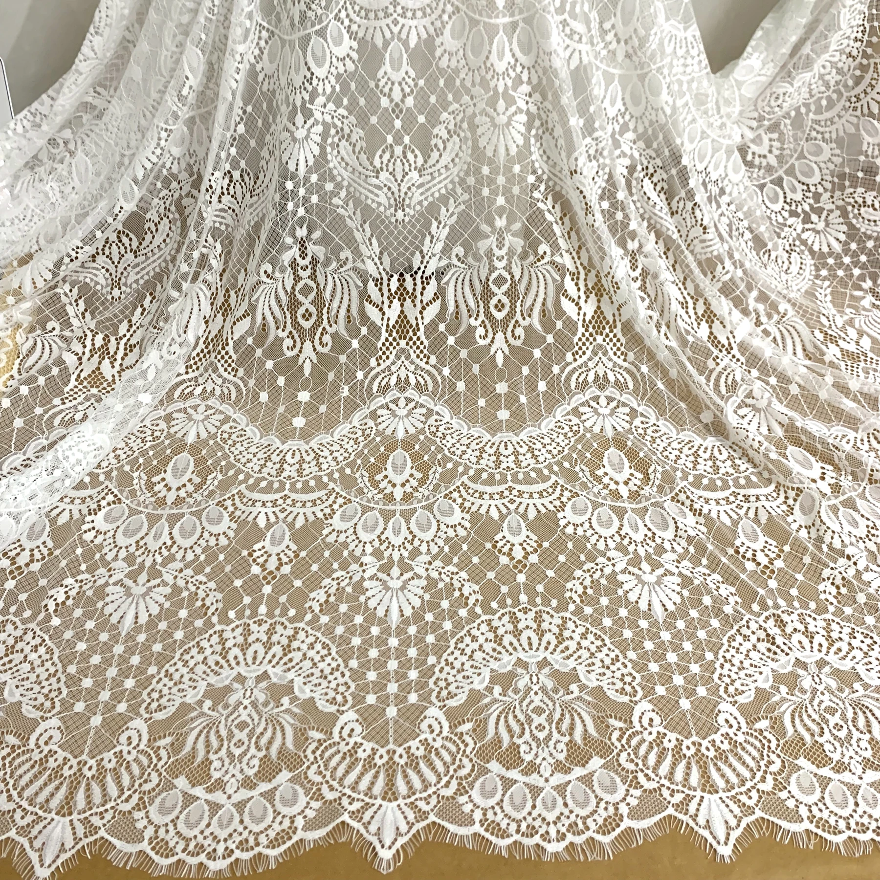 High Quality Off White Color Eyelash (Two Sides) Lace Fabric European Style Dress Lace Sewing1 Piece Height 1.5M, Length 3Meters