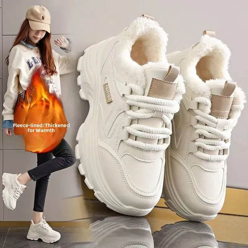 Free Shipping Women Lace Up Chunky Sneakers Thick Fleece Lined Platform Sole Comfort Winter Footwear, Customer Favorite