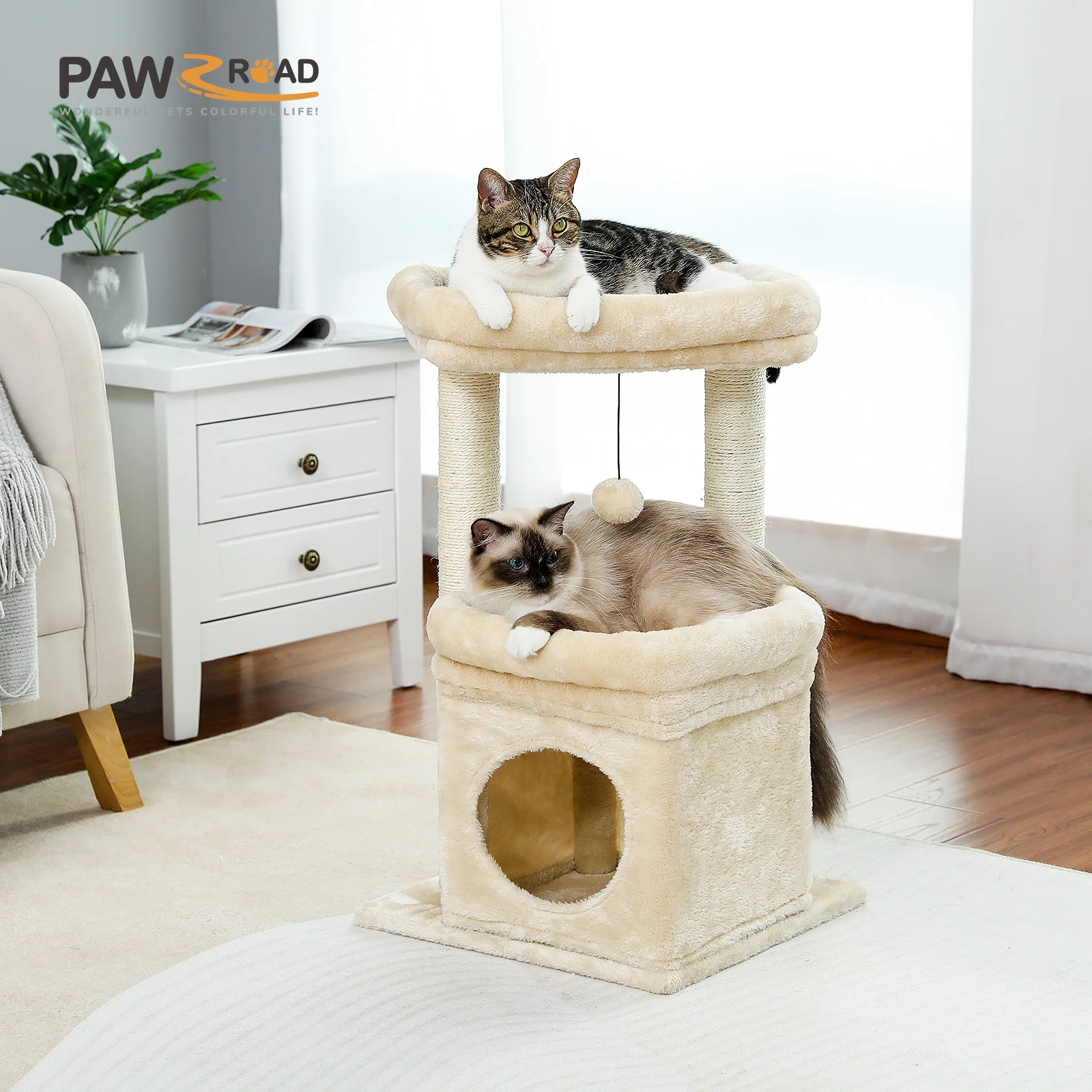 Torre para gatos con condo acogedor, perca superior ancha, postes de sisal natural, felpa suave, pompón juguetón adecuado para 1-2 gatos de interior