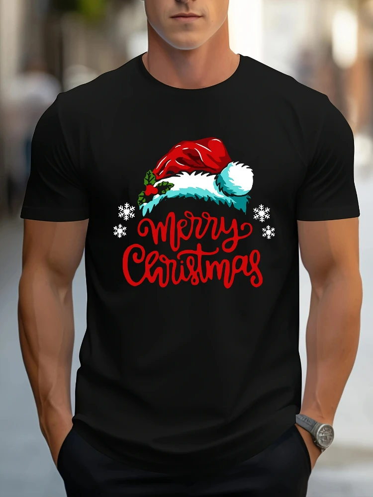 

Men's trendy clothes short-sleeved 100% cotton casual sports T-shirt with Christmas-themed pattern, regular round-neck .