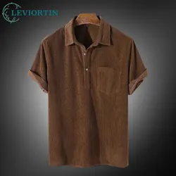 Men's Ribbed Corduroy Shirts Summer Solid Color Casual Short Sleeves Pocket Button Up Shirt Plain Shirt