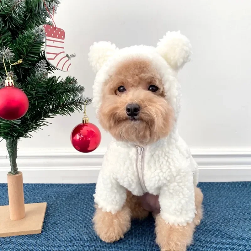 Cute Pet Dog Hooded Clothes Little Bear Transformed Clothes Cute Puppy Winter Clothes Plush Button Up Shirt Warm Dog Clothes