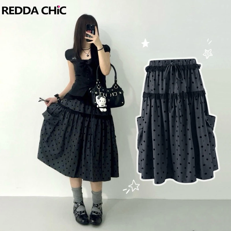

REDDACHiC Polka Dots Women Long Skirt Korean Gray Stitch Lace Elastic Waist Big Pockets Loose Fit Cargo Skirt Y2K Acubi Fashion