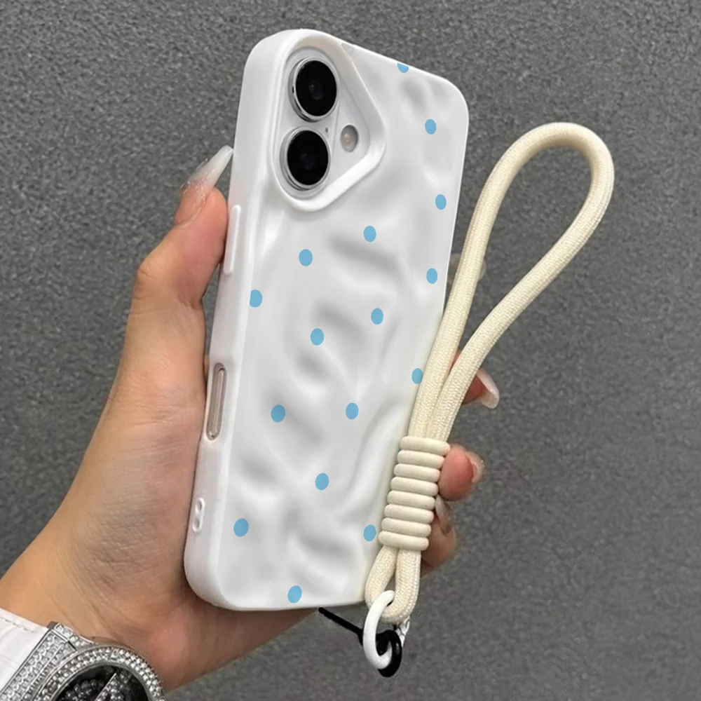 Blaue Polka-Dots-Silikon-Handyhülle mit Faltenoptik für iPhone 17 15 13 11 12 14 16 17 Pro Max 14 15 16 Plus 17Air mit Lanyard-Abdeckung – Detail 6