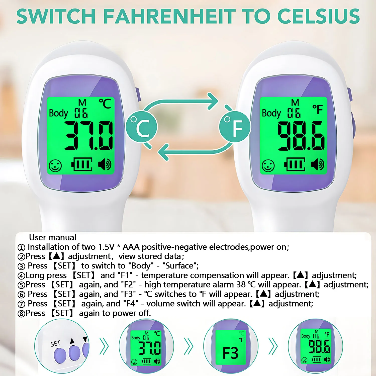 Medical Fever Measure Tool Digital Infrared Forehead Thermometer Electronic Non-Contact for Baby Adults