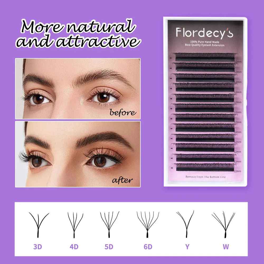 

Flordecy's Eyelash Extensions 3D/4D/5D/6D/YY/W Shaped Volume Fans Premade Fans Lashes 0.07 C/D Curl Matte Black False Eyelashes