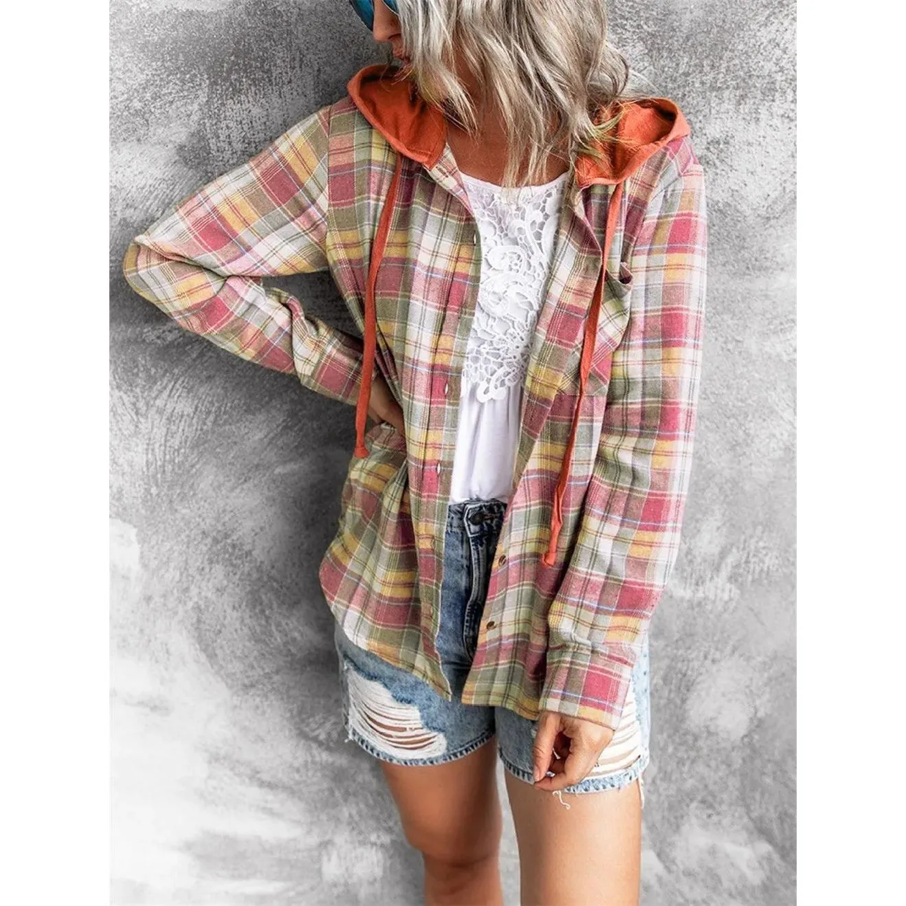 

Women's Autumn Plaid Hooded Collar Sweatirt with Dstring Cleanfit Sle A-Line Sve Other Material 00% Linen