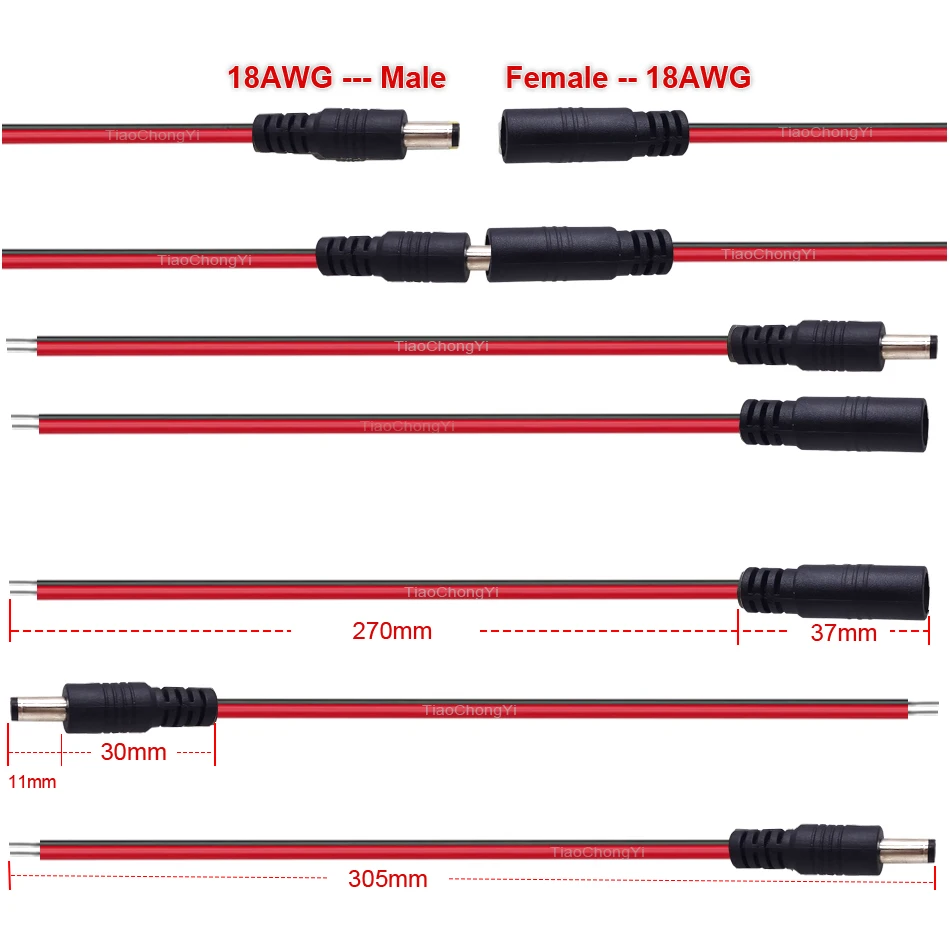18 AWG DC connector 5.5X2.1mm 2.5mm Power Pigtail Cable Jack Male Female connector 30cm Wire For LED strip light CCTV Cameras image 3