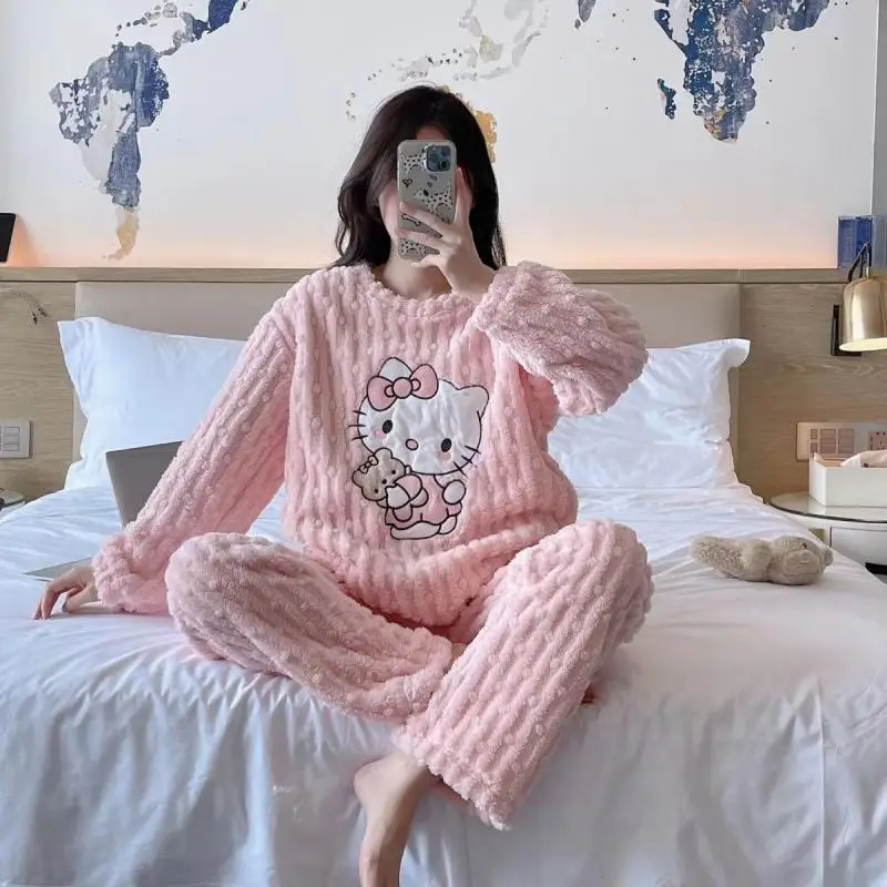 Cute Hello Kittys Coral Fleece Plush Pajamas Set Sanrioed Women's Autumn Winter Pijama Thickened Flannel Home Furry Set Clothes