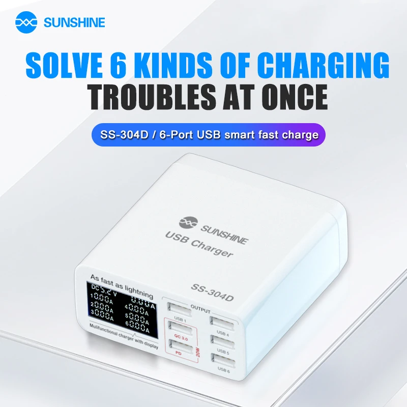 SUNSHINE SS-304D 6 port usb intelligent led display charger is suitable tool for all mobile phones, tablets, iPhone, Samsung ml