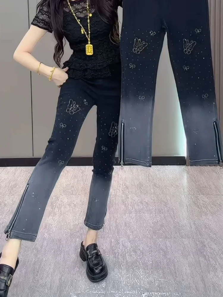 Pants Elegant Chic Autumn Winter Slimming Ankle Casual Lady Hotfix Rhinestone Butterfly Elastic Waist Gradient Skinny Trousers