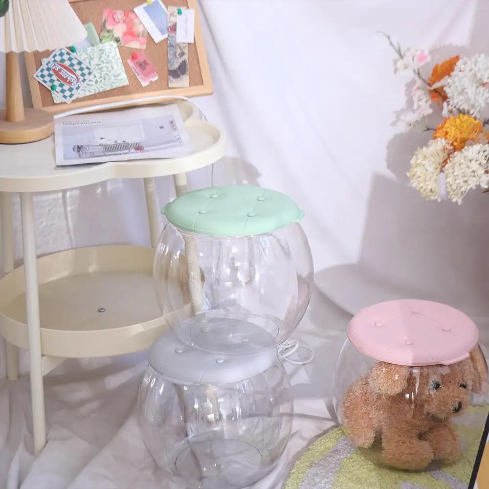 Kotak Penyimpanan Transparan Mudah Dibersihkan Bangku Portabel Kreatif Plastik Bulat Bangku Serbaguna Penyimpanan Anak Ruang Tamu