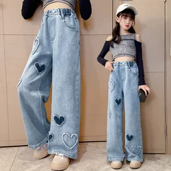 Big Girls School Wide Leg Pants with Heart Design Casual Loose 2024 New Spring Fashion Long Jeans Children Korean Style Trousers