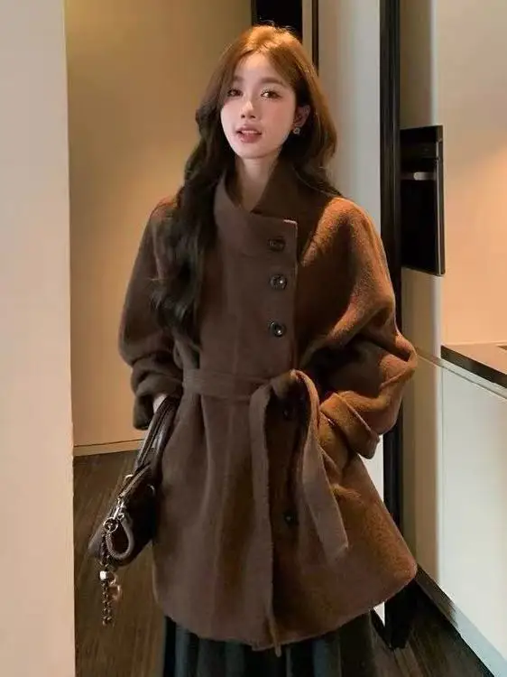 

Женское элегантное шерстяное пальто больших размеров (до 300 фунтов) с завышенной талией, в повседневном расслабленном стиле, зимняя верхняя одежда в корейском свободном крое на пуговицах