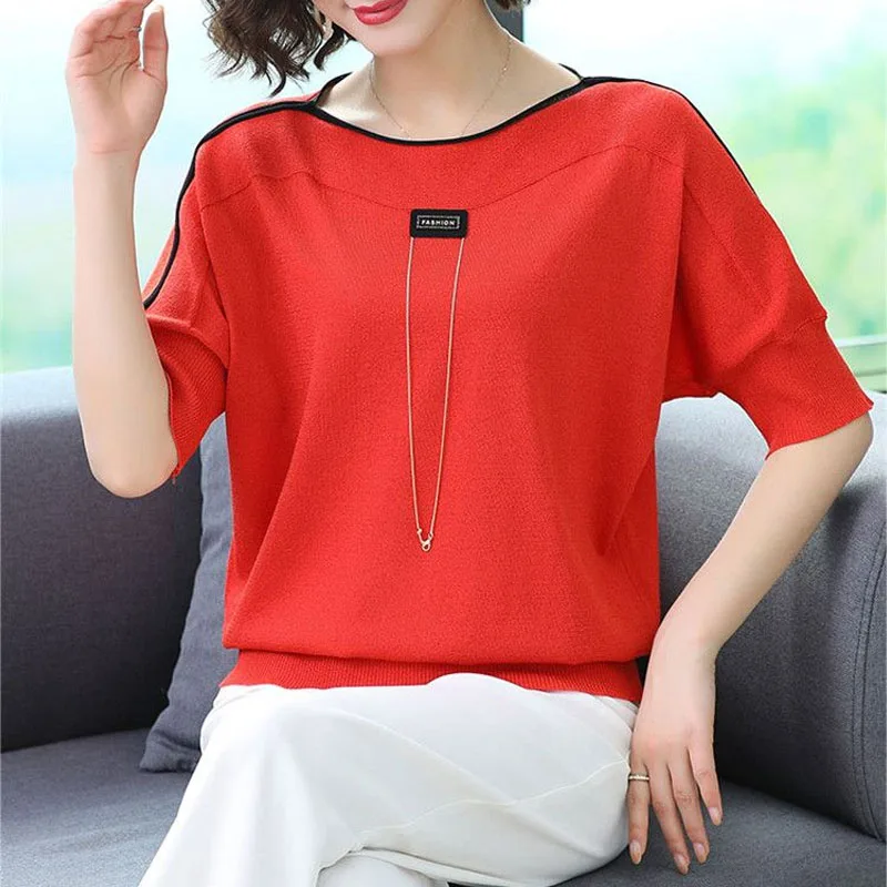 Simplicity Commute Short Sleeve Solid Color T-shirt Women's Clothing Summer Loose Chic Chain Spliced Casual Thin Tops Female
