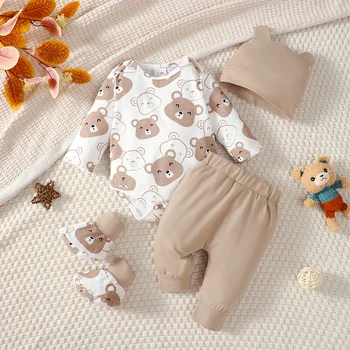 0–9 Months Baby Boy 4pcs Set – Little Bear Long Sleeve Bodysuit, Pants, Hat & Socks 1