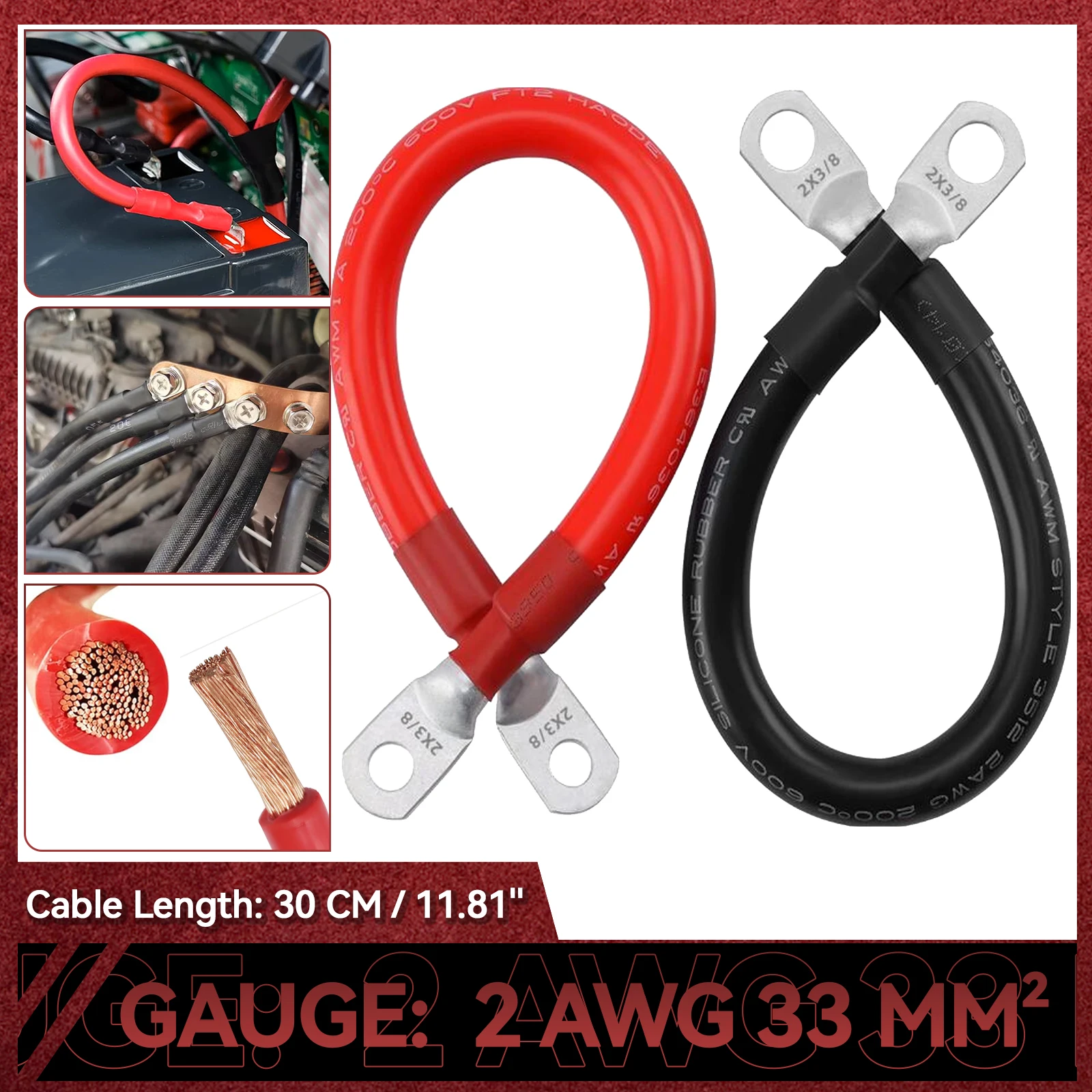 2 AWG 2 Gauge Battery Inverter Positive Negative Cables Set 33mm2 30cm 5/16inch For Tesla Toyota Honda Truck Camper RV HEV BEV