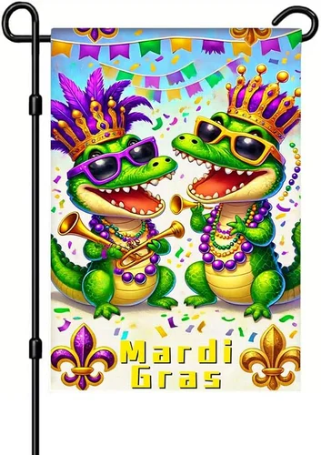 1PC Mardi Gras Garden Flag with Two Cartoon Alligators Wearing Crowns Sunglasses OOV IIC