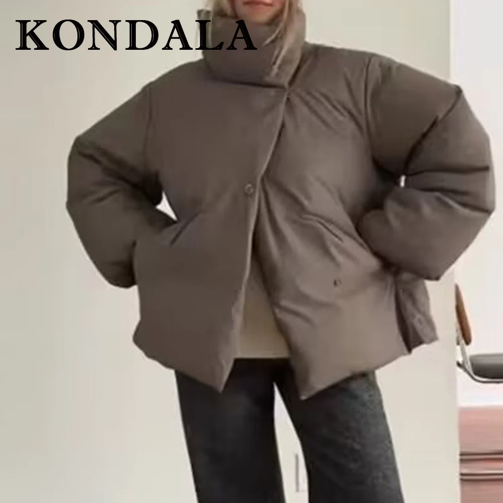 KONDALA أنيقة خمر براون أنيقة الموضة الحديثة 2025 الشتاء المرأة سترة دافئة الشارع الشهير الوقوف طوق زر الإناث أبلى #3