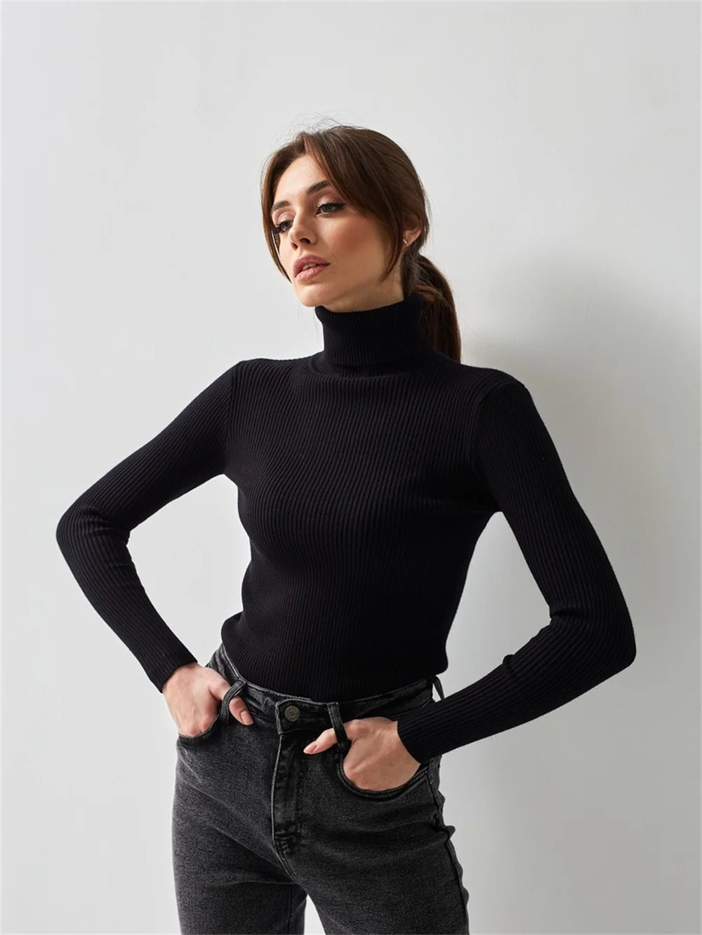 EINY Elegant Women Pullover Turtleneck Sweater Autumn Long Sleeve Slim Elastic Korean Simple Basic Jumper Pullover Office Tops