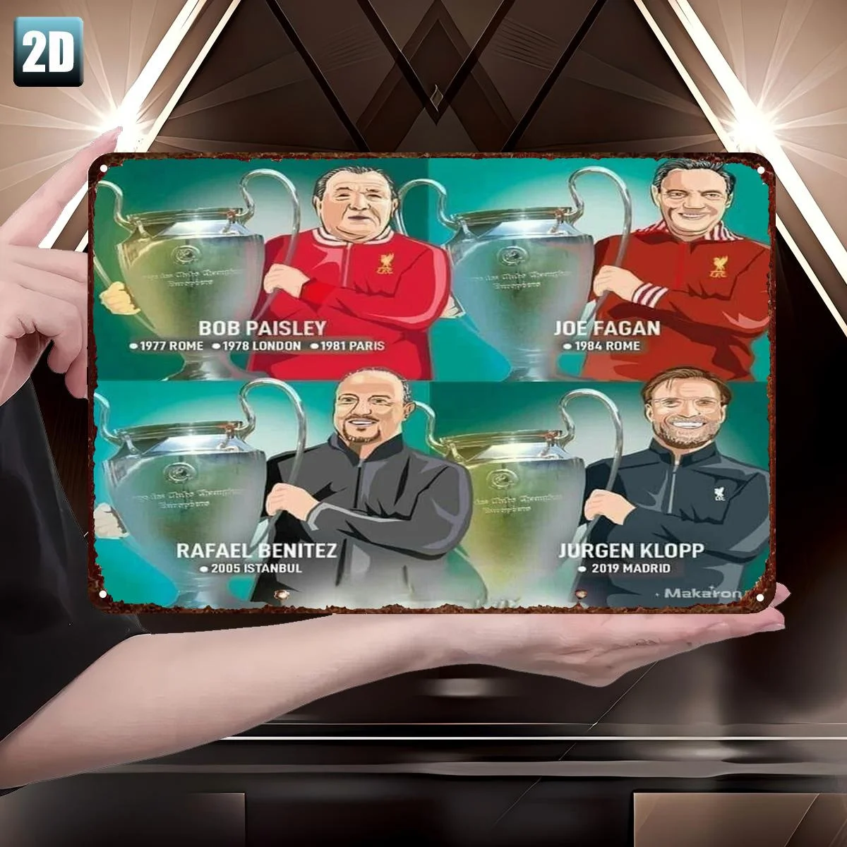 [مسطح [مسطح] لافتة معدنية مسطحة في عرض ثنائي الأبعاد لمديور ليفربول المميزة: بوب بيزلي، جو فاجان، رافائيل بينيتز، وجورجن كلوب