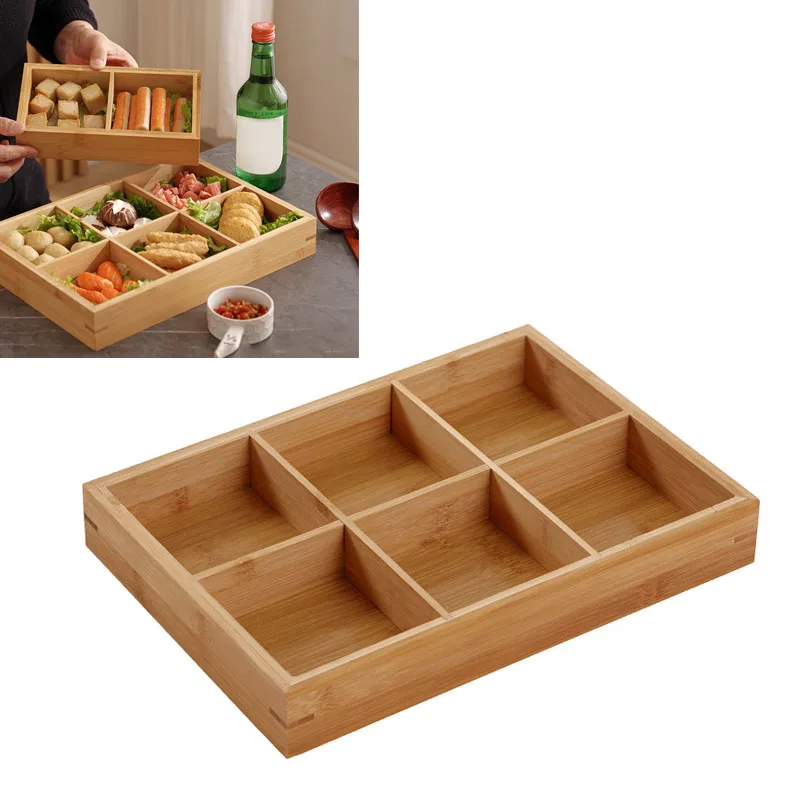

D9 Divided Wooden Tray Dish Multi Compartments Serving Tray Fruit Bowl Hot Pot Restaurants Tableware Sushi Plate 6 Compartments