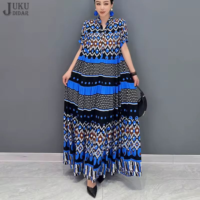 New Korean Style Woman Summer Clothing Blue Printed Fashion Dress Loose Fit Chic Casual Wear Big Size Dress Large Robe JJXD749