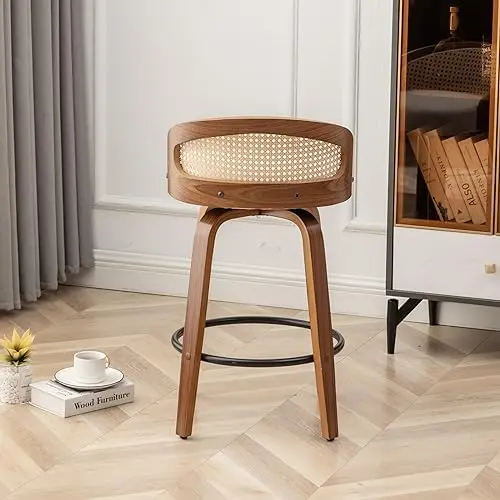 24.8" Swivel Rattan Bar Stools Mid-Century Modern Beige Linen Fabric Upholstered Counter Height Stools,Kitchen Island view 4