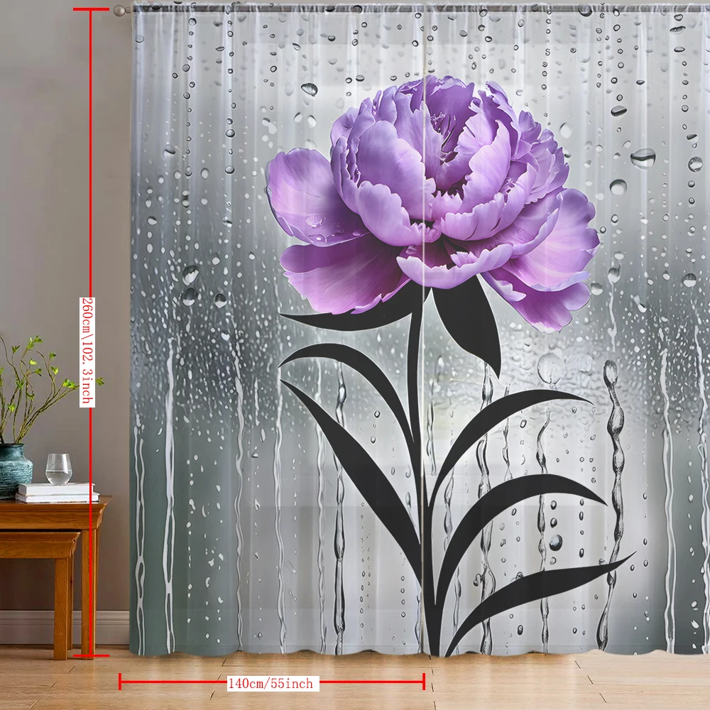 2PCS Home Decoration Purple Rain Flowers 2D Printed Window Screens with Rod Bags, Suitable for Kitchen, Caf é, Living Room