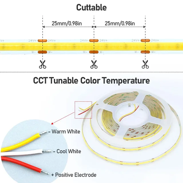 12V 24V DC CCT COB LED Strip Light 2700K to 6500K Color-Changing LED Tape Linear Double Color RA90 Dimmable Ribbon 5mm 8mm Width 5
