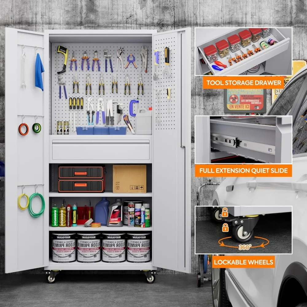 서랍, 후크, 조절 가능한 선반이 있는 롤링 스틸 메탈 수납 캐비닛, 공구 정리용