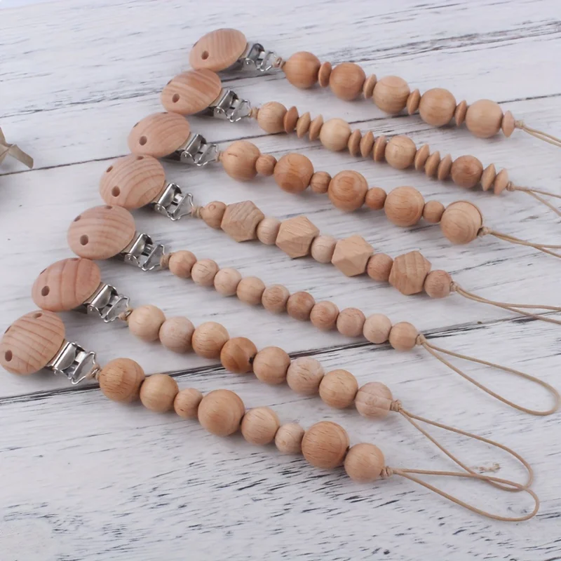 Round Beech Baby Pacifier Clip Wooden Round Beads Anti-Drop Baby Nipple Chain Dummy Holder Soothe Nursing Teething Toy
