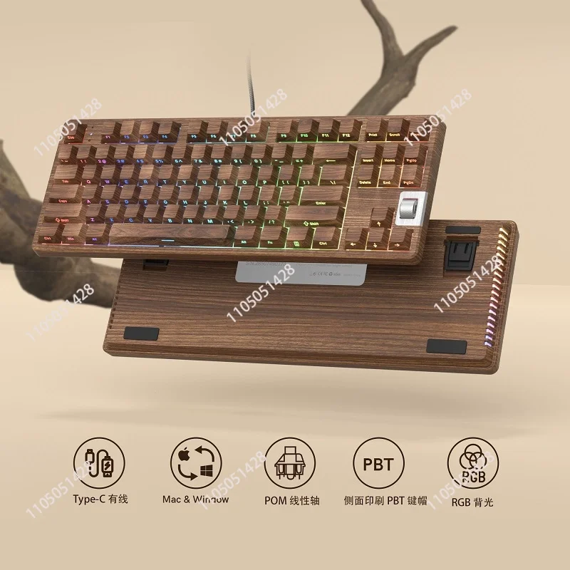 F87 Walnut 75% Wired Gaming Mechanical Keyboard Side Printed Backlit Program Keyboard with Pre-lubed White Switch for PC
