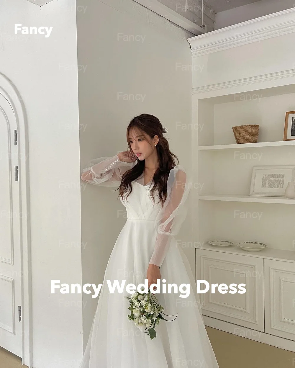 Fancy Princess V Neck Wedding Dress Korea Photo Shoot Beading Long Sleeves A Line Birthday Party Dress Floor Length Customized