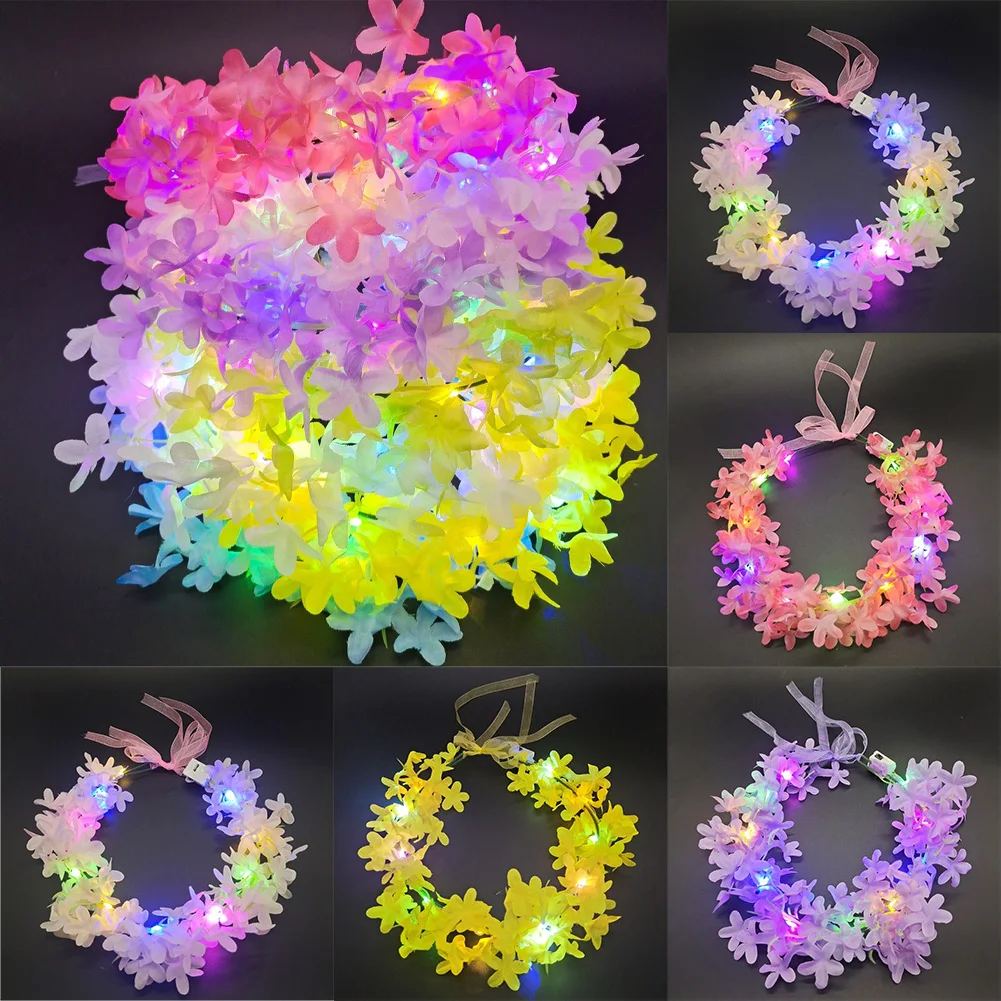 1pcs Women Girl LED Hawaii Hawaiian Lei Headband Glow Light Up Flower Crown Wreath Birthday Wedding Party Festival Christmas