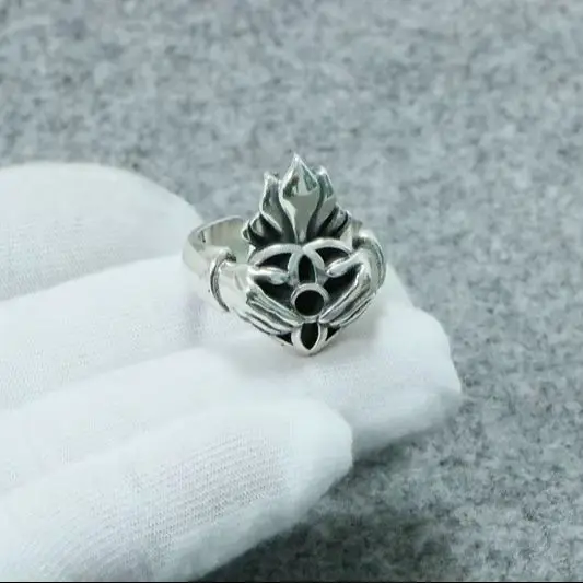 

Pure silver cherry blossom heart-shaped ring, punk hip-hop silver jewelry, European and American trendy finger ring