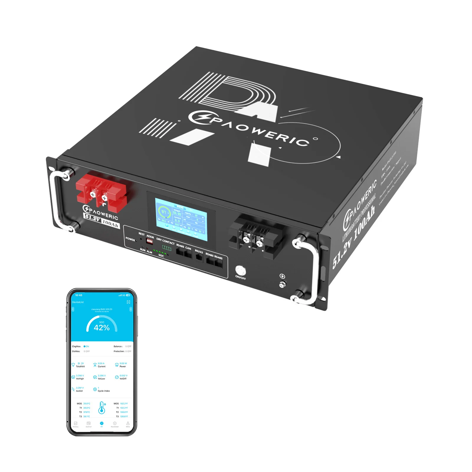 Paoweric 51.2V 100AH  LiFePO4 Battery - 3U Server Rack with Smart 100A BMS, Touch Screen & APP Control, 5120WH Energy, Ideal for Solar/Off-Grid Energy Storage