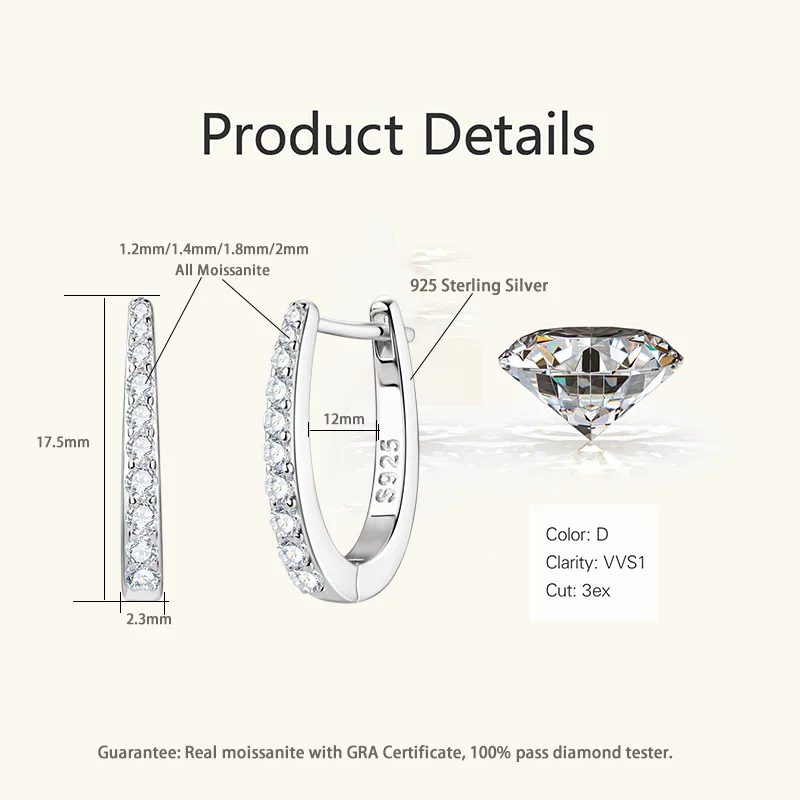 RAPRGOLD Certified Round Moissanite Hoop Earrings for Women S925 Sterling Silver U-shaped Earring Girl\'s Jewelry Gifts oorbellen