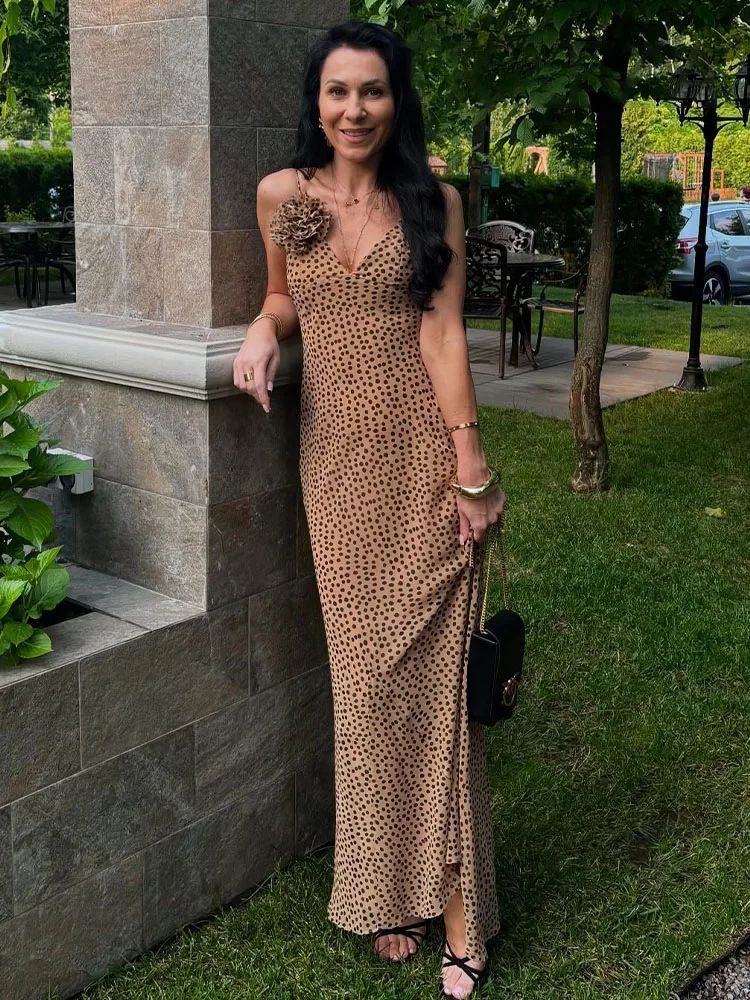 HH Female Temperament Zipper Slim Suspender Dress Women's Summer Fashion Sexy V-neck Flower Decoration Polka Dot Long Dress