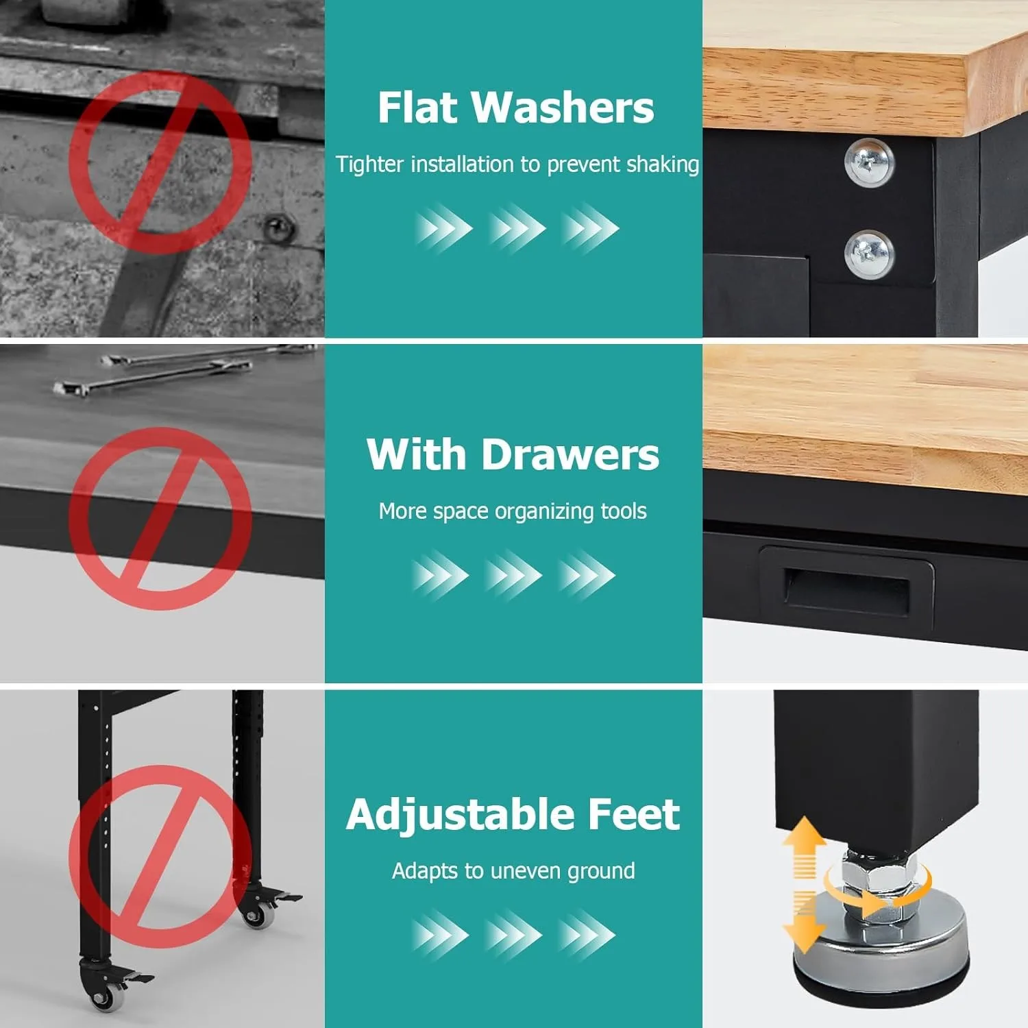 60 Inches Workbench Adjustable Height Work Bench w/ 2Drawers Pegboard Pad 3000LB