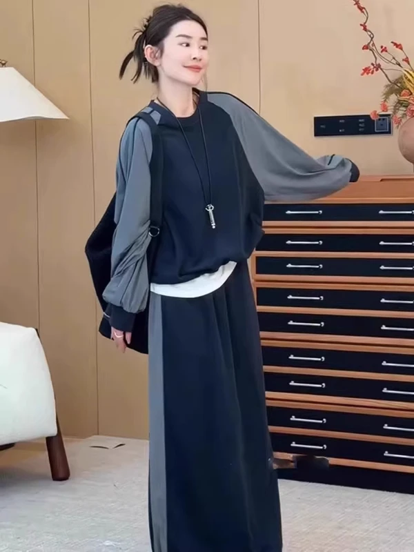 

Large Size 300 Pounds European Style Casual Set Women's Autumn Shoulder Insert Sleeve Hoodie Skirt Anti-Aging Two-Piece Set