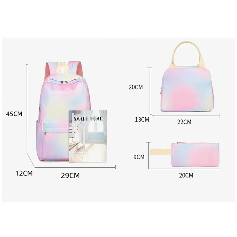 3pcs/set Rainbow Printing School Bags Backpacks Schoolbag Fashion Kids Lovely Backpack For Children Girls School bag Student