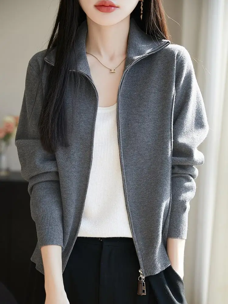 

Женский вязаный кардиган Miu с двойной молнией, воротником-стойкой, повседневный, свободного кроя, из мягкой полиэстеровой смеси, с длинными рукавами