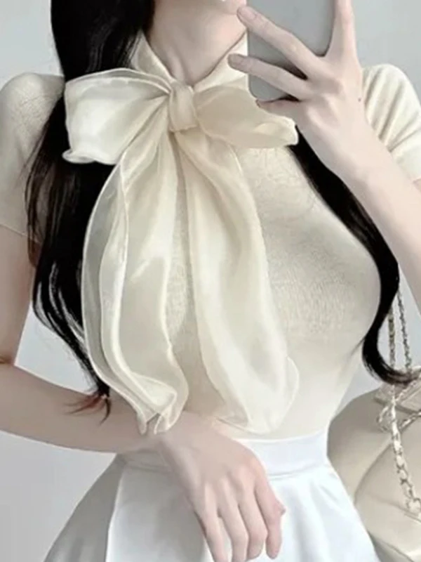 

Sexy Slim Fit Knot Knitted Short Sleeve T-Shirt Women's Top Dongda Gate New Style Pure Desire with Sash Detail