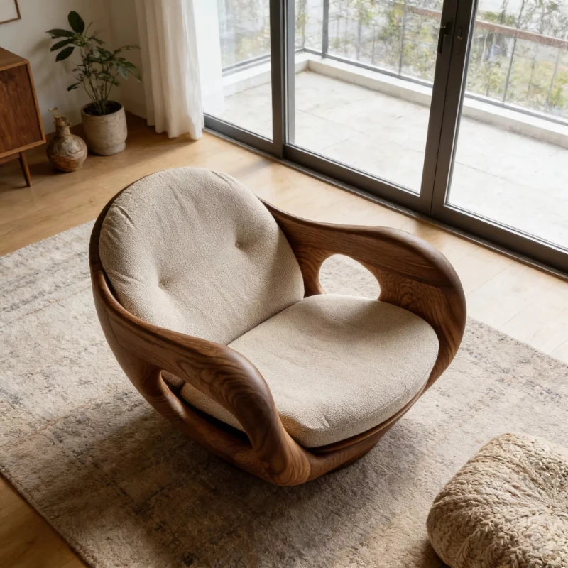 

Medieval style solid wood curved leisure chair rotatable base fabric color living room exhibition hall single sofa chair