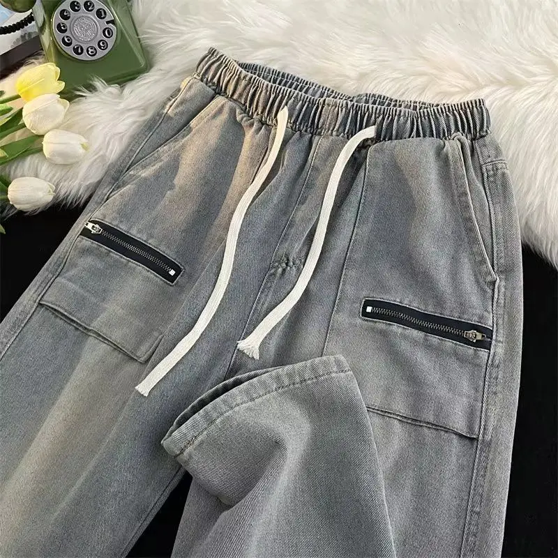 

Korean style retro multi-pocket zipper design washed distressed nostalgic jeans men's loose casual dad pants tops men clothing