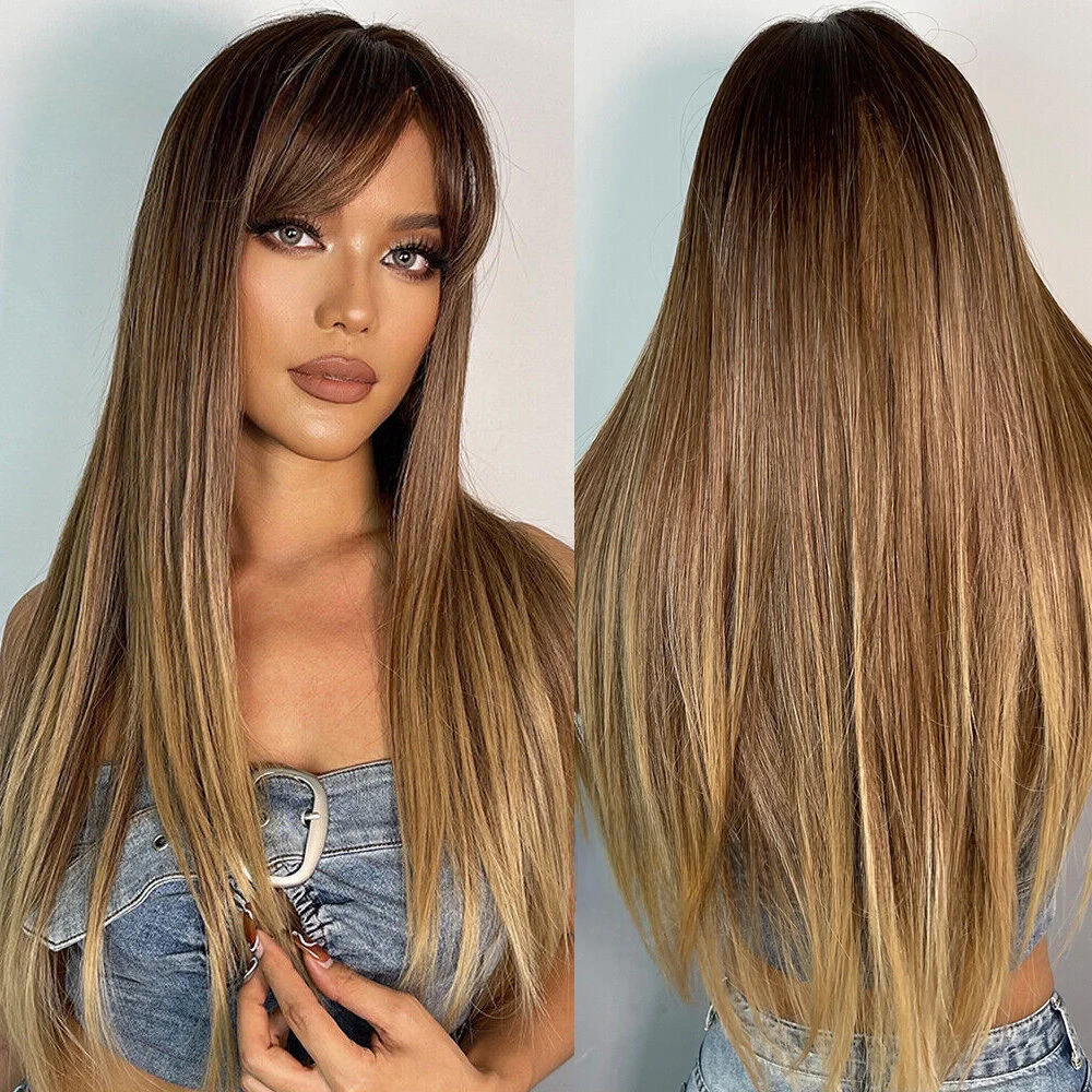 

Long Straight Wig Brown with Bangs for Women Fanshion Wigs Synthetic