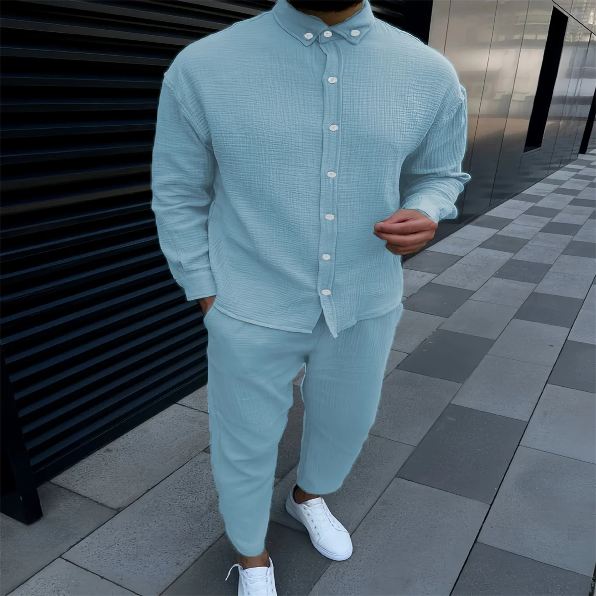 Spring And Autumn Men Wrinkling Solid Color Casual Fashion Cargo Long Sleeve Pants Suit Comfortable Slim Lapel Button Men\'s Wear