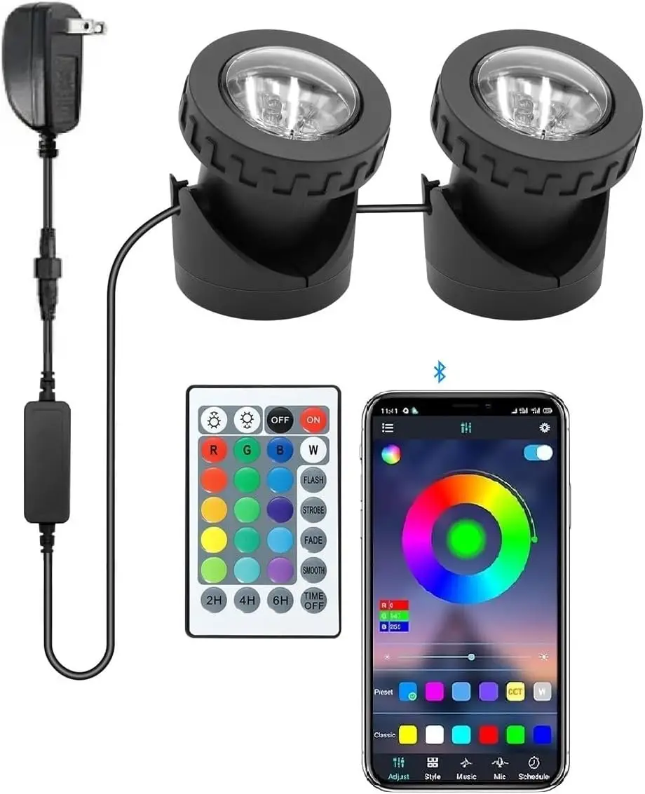 

Светильники для пруда с RGB-подсветкой, управляемые таймером и приложением, водонепроницаемые IP68, с регулируемой яркостью, для наружного освещения фонтанов и садовых ландшафтов (2 шт.)